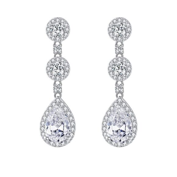 Sterling Silver CZ Teardrop Bride Earrings - Picture 1 of 7